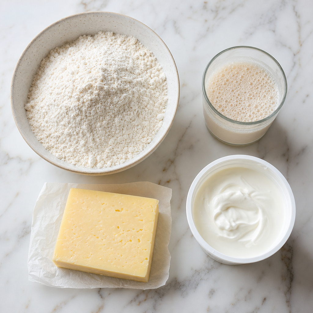Raw ingredients for Hungarian Langosh including flour, yeast, sour cream, and cheese arranged on a white marble counter.