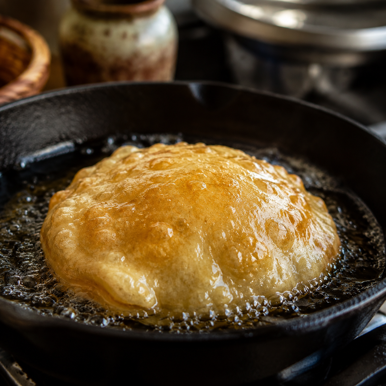 A piece of dough frying in a skillet of hot oil.
