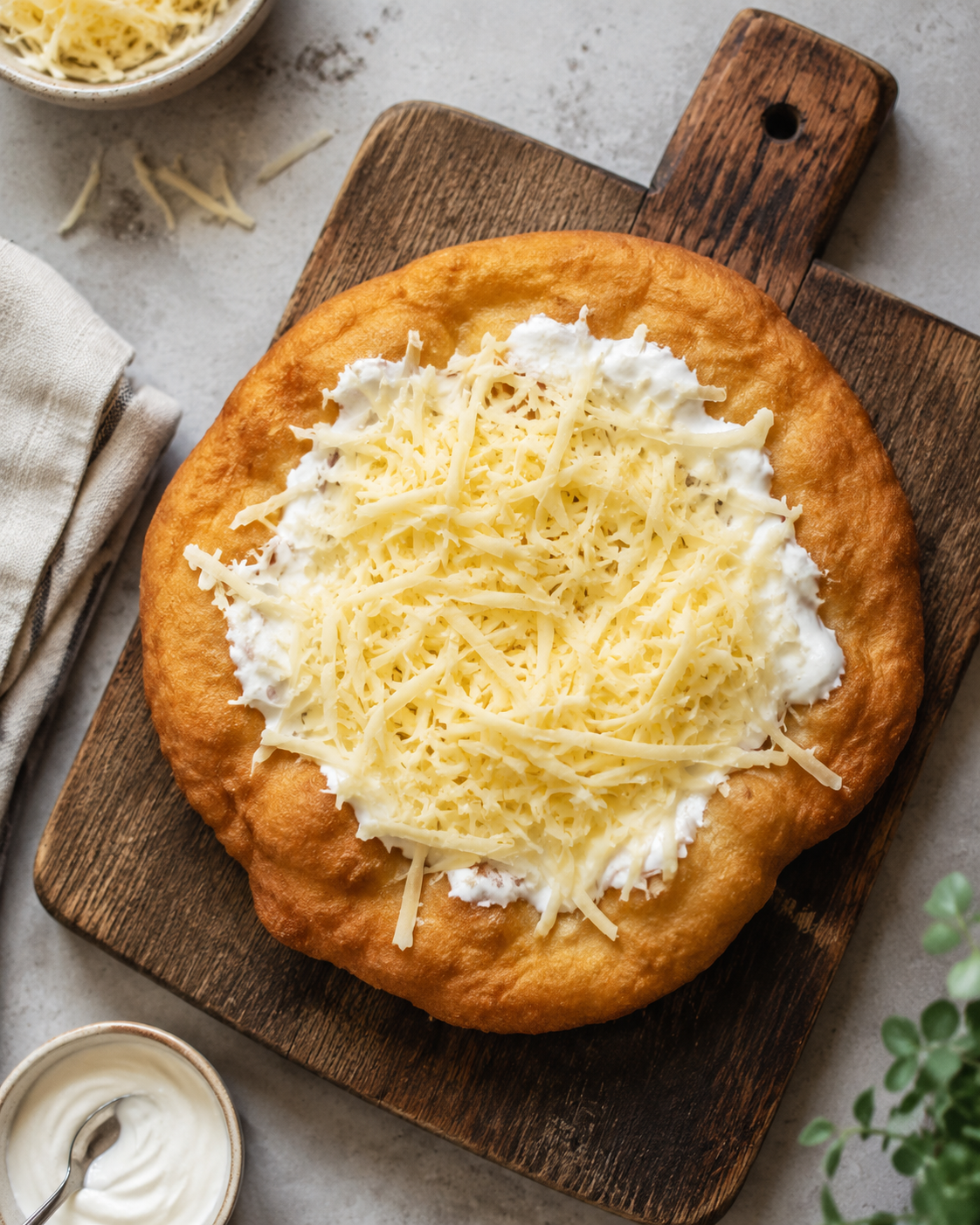 A stack of golden brown Hungarian Langosh topped with sour cream and shredded cheese on a rustic wooden board.