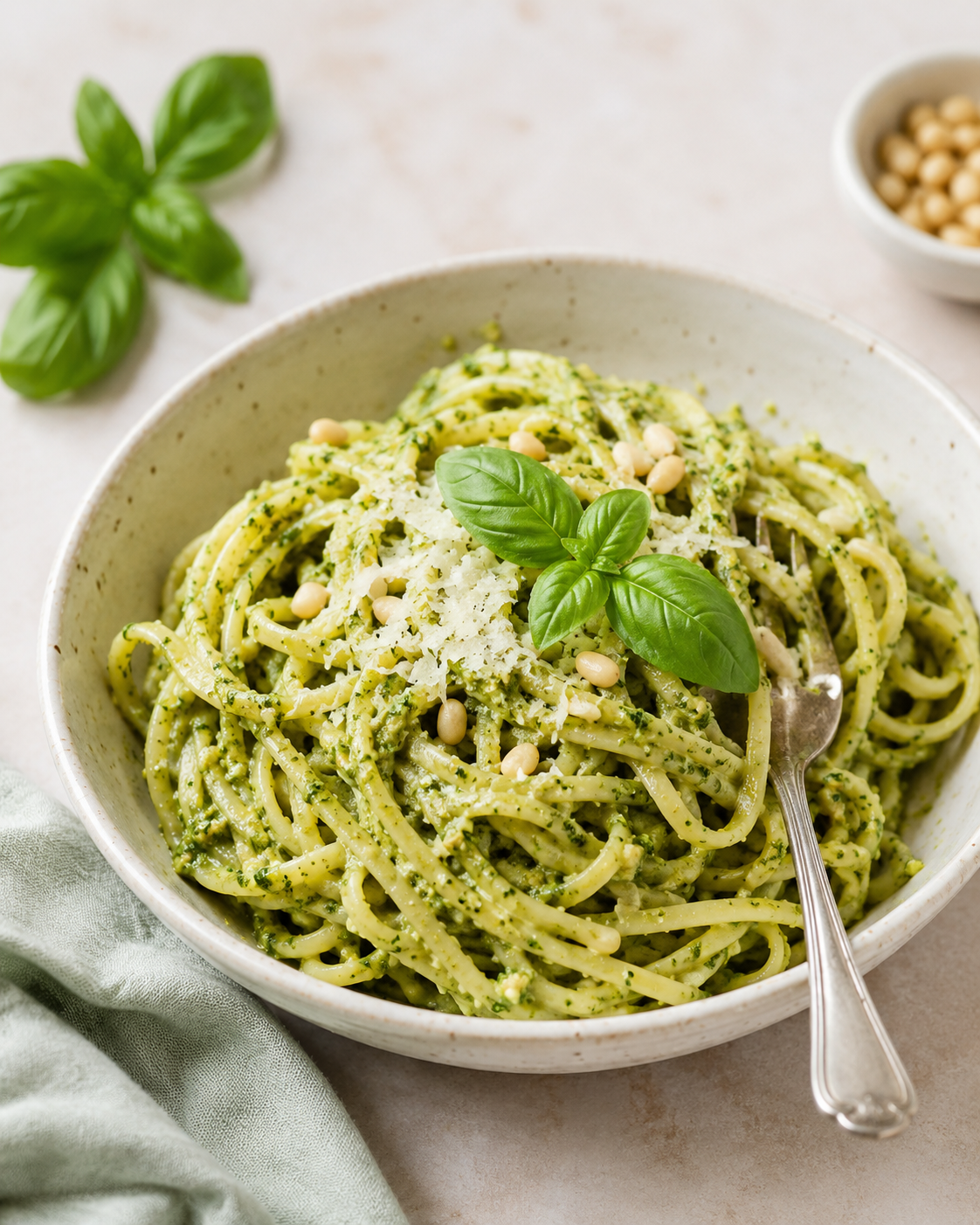 A bowl of fresh pasta pesto