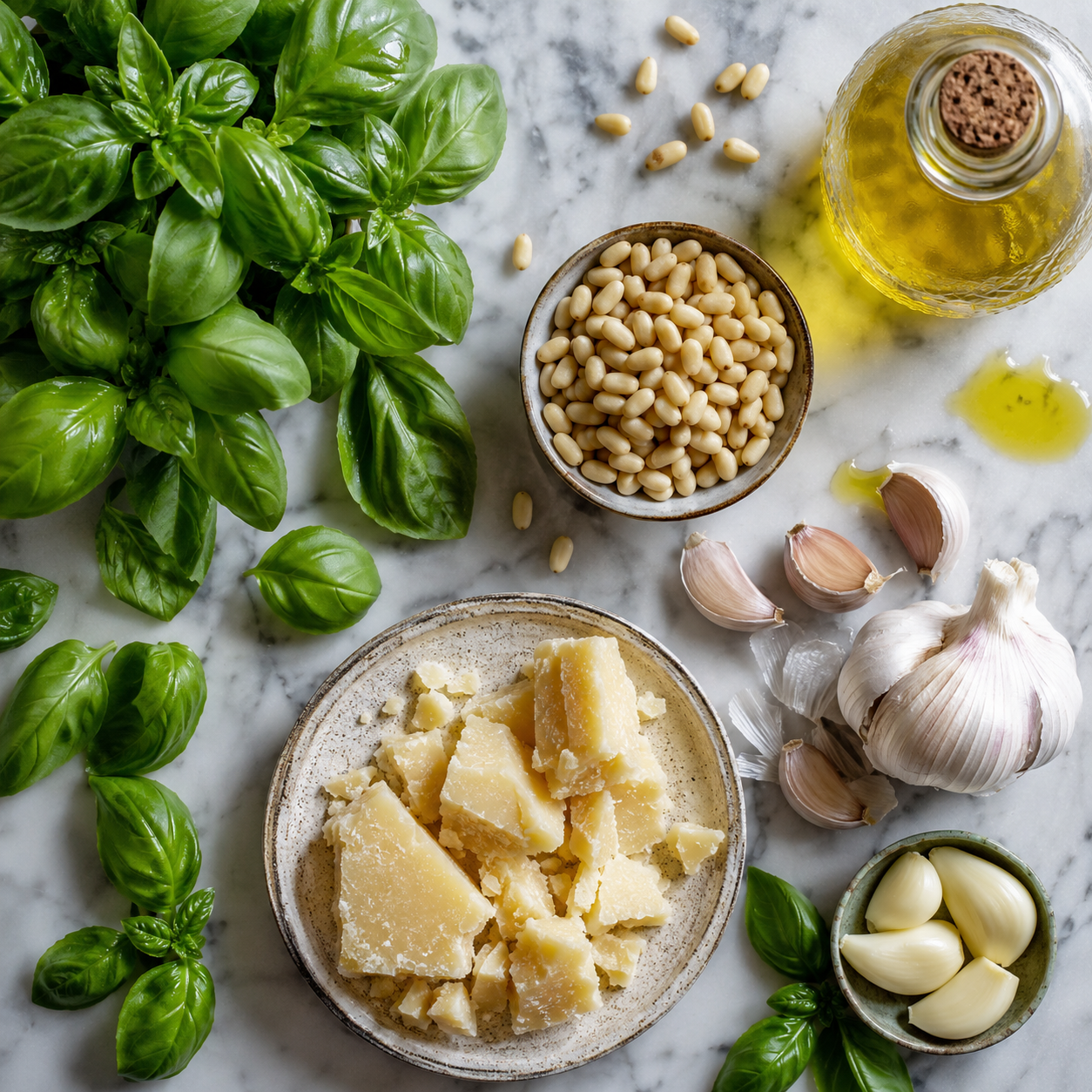 Ingredients for pesto laid out on a kitchen counter