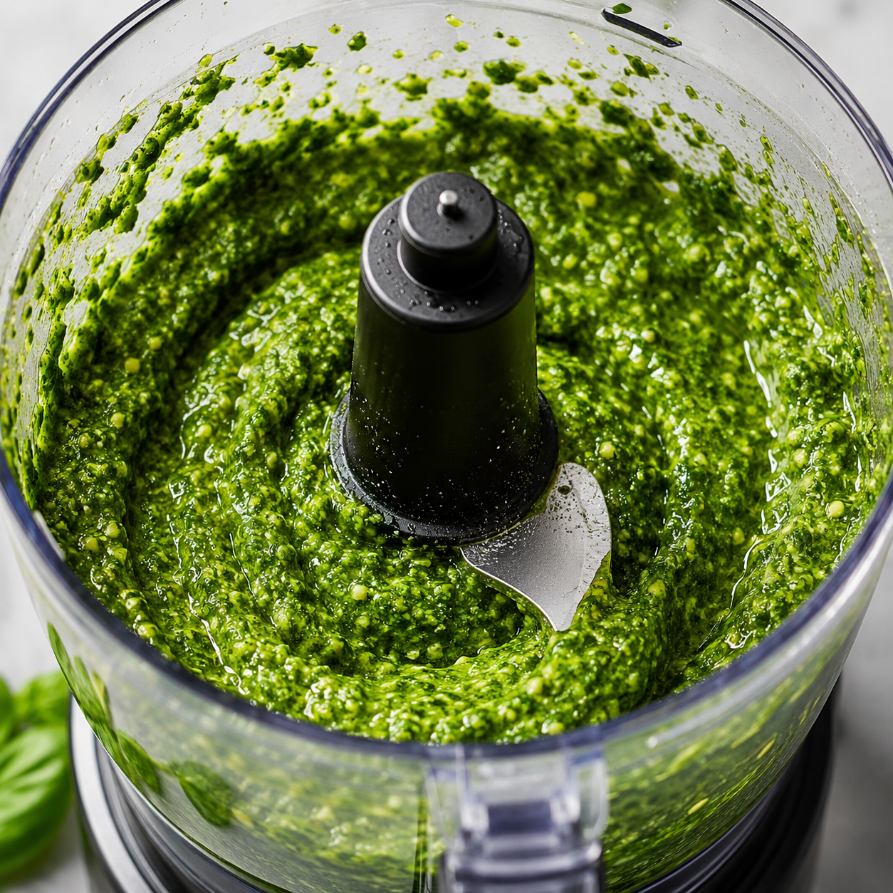 Blending pesto in a food processor