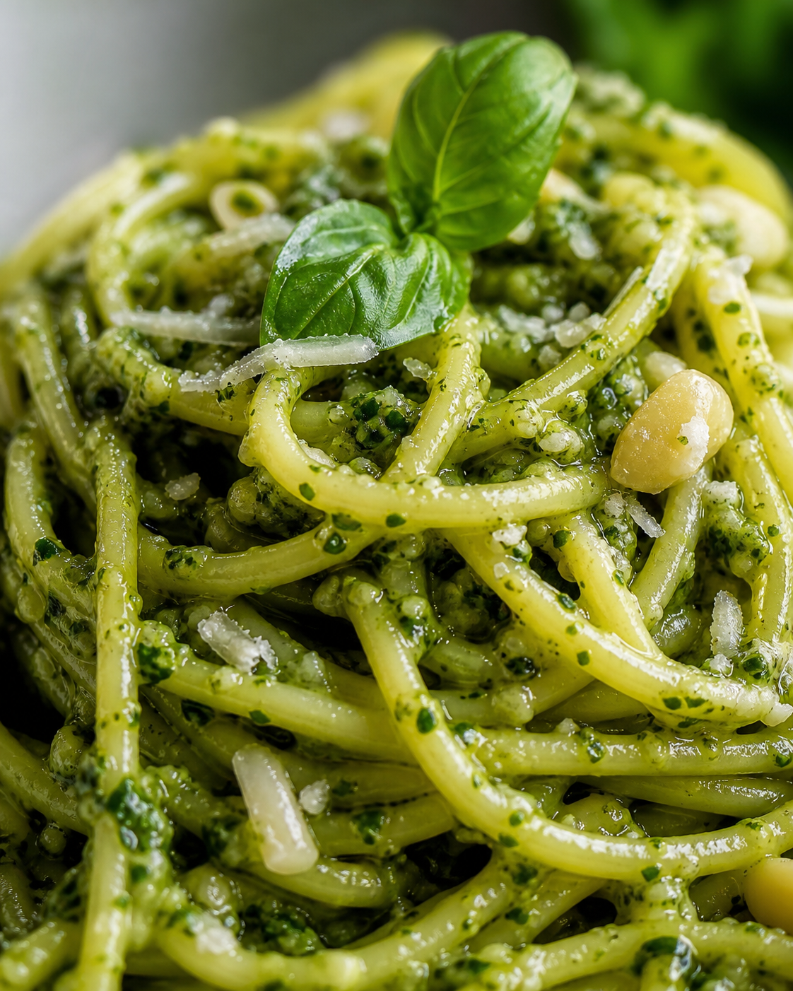 Close up of pasta pesto texture