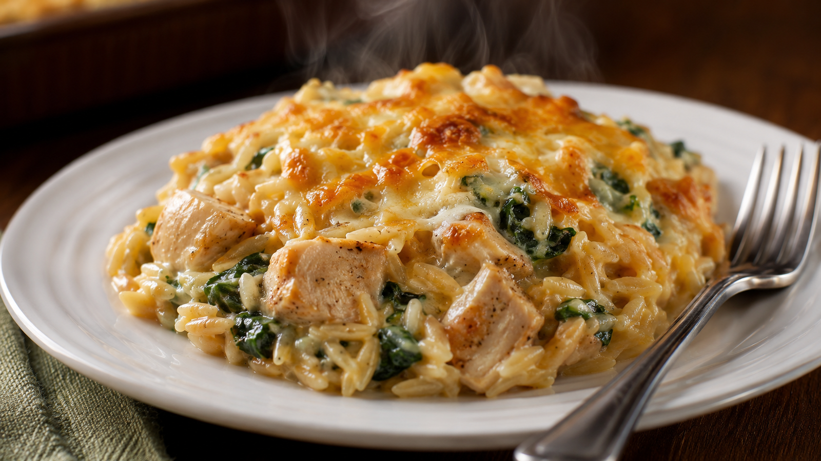 Plated chicken orzo casserole