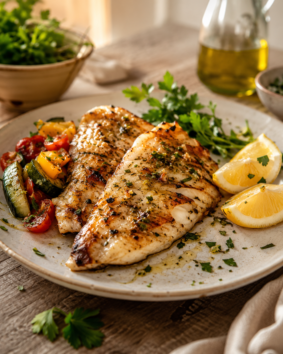 Mediterranean-style grilled bass with lemon and fresh herbs on a ceramic plate