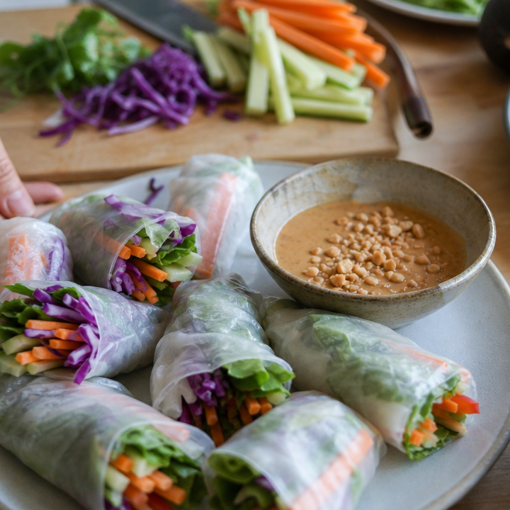 Rice Paper Healthy Recipe: Fresh Veggie Rolls with Peanut Dipping Sauce