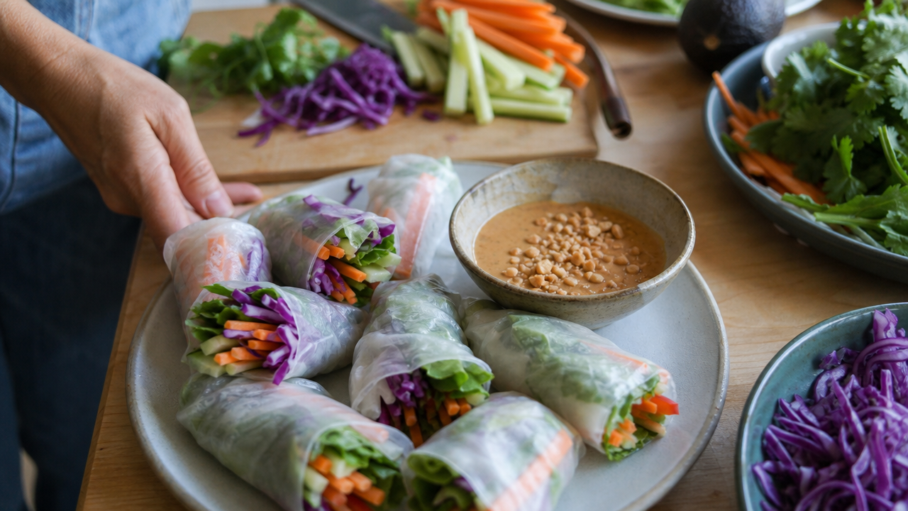 Rice Paper Healthy Recipe: Fresh Veggie Rolls with Peanut Dipping Sauce