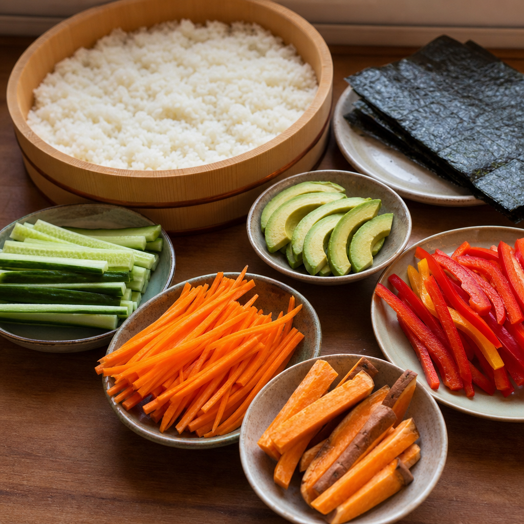 Fresh vegetables and sushi ingredients arranged before preparation